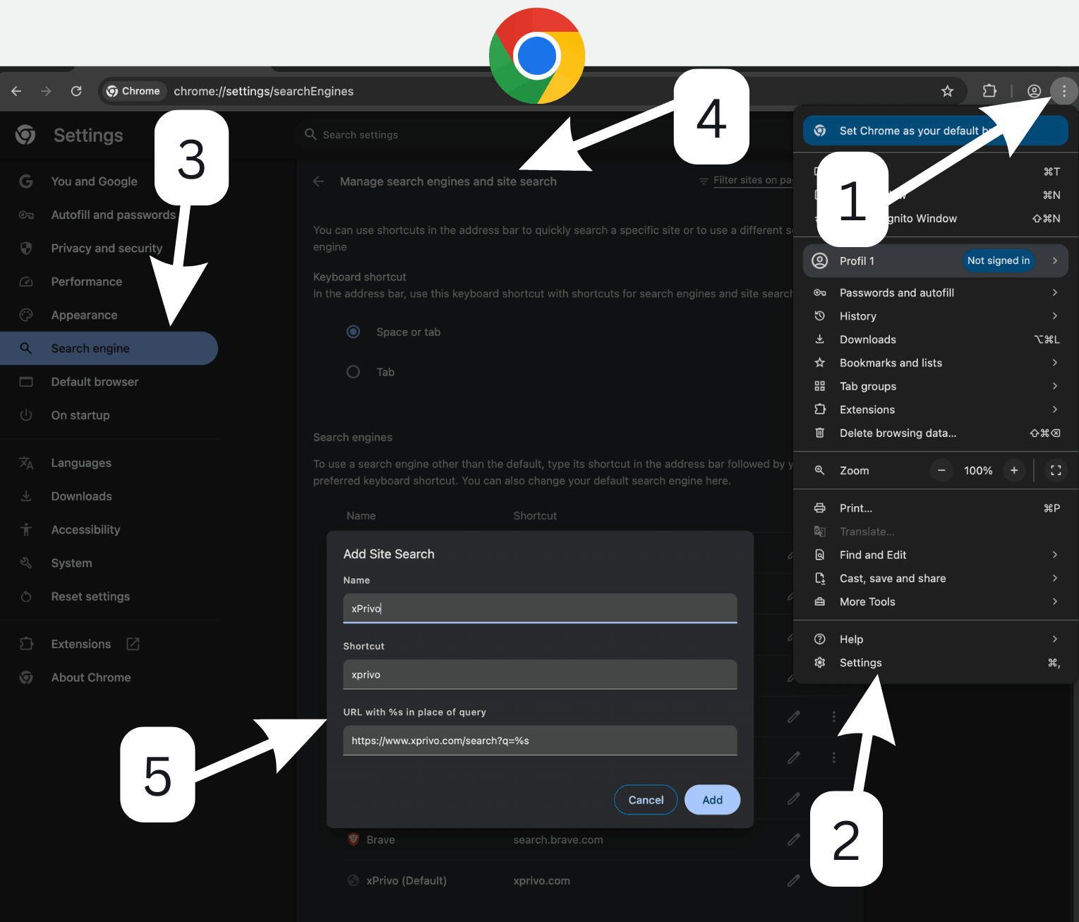 Chrome settings menu for xPrivo