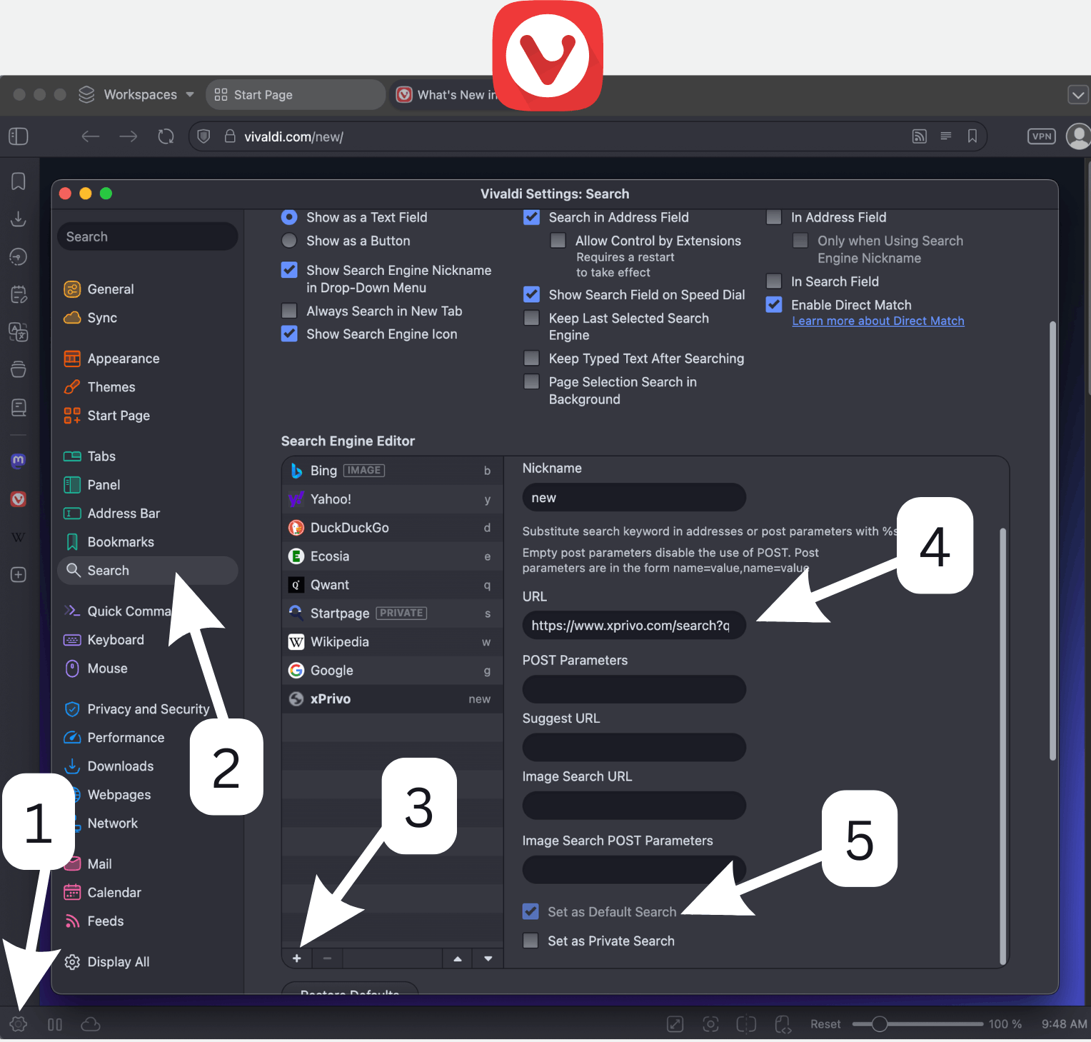 Vivaldi search settings